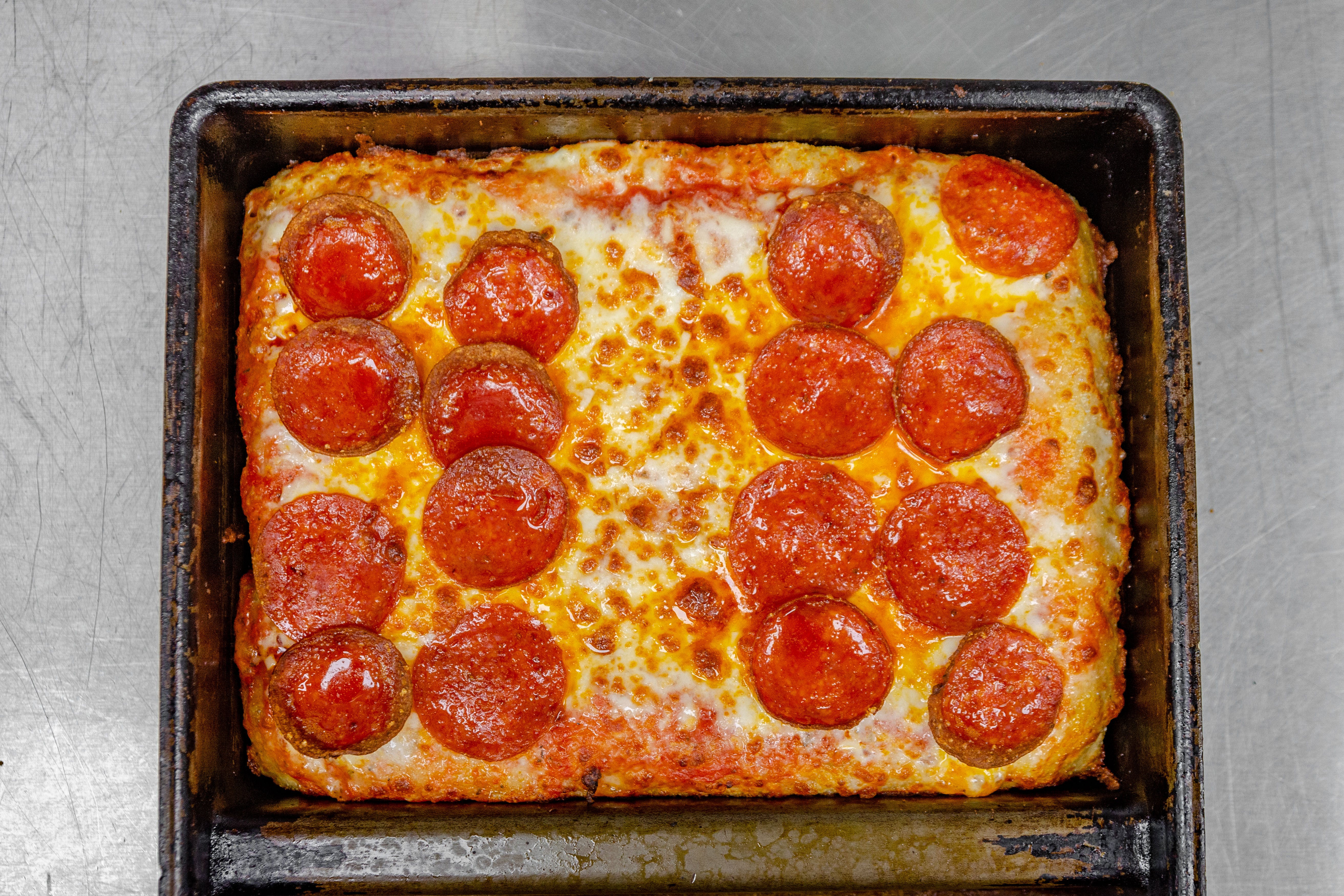 Order 2. Sicilian D.D Pepperoni Pizza - 10''x 10'' food online from Little Cheers Pizza store, Queens on bringmethat.com