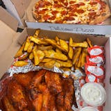 Large 1 Topping Pizza, 12 Wings & Potato Wedges Delivery Special