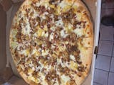 new pizza lg mozzarella,pineapple,bacon. roasted pork