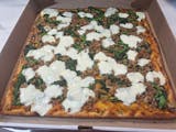 Brooklyn  pizza we broccoli rab. and sausage  fresh mozzarella and garlic