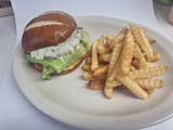 cheesesburger on prezel buns lettucetomateos we fries