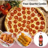 Four-Quarter Combo. L- PEPPERONI PIZZA, 7 WINGS, MOZZARELLA STICKS &SODA