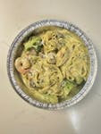 Shrimp Alfredo with Zucchini, Broccoli, and Fresh mushrooms.