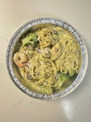 Shrimp Alfredo with Zucchini, Broccoli, and Fresh mushrooms.