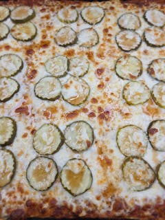 Small (4 Square Slices) Hot Honey Pickle Pizza.