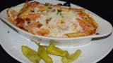Baked Penne Rigati topped with mozzarella