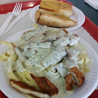Chicken Fettuccine Alfredo with Garlic Bread