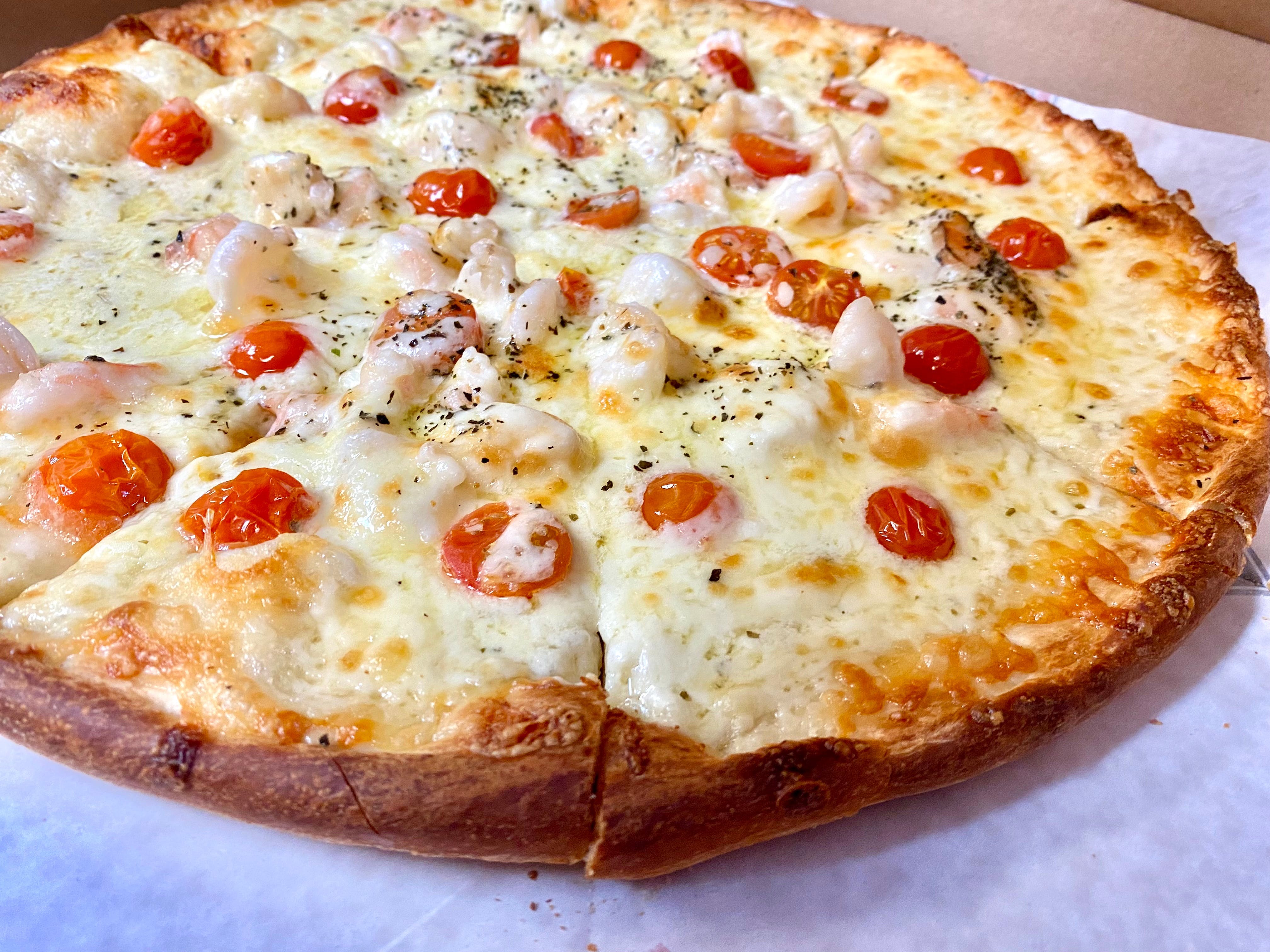 Shrimp Alfredo Tomato Basil Pizza