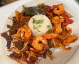 Chicken Steak & Shrimp Fajitas with Rice & Beans