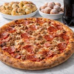 198. Large Meat Lover Pizza, Large Garlic Knots, Large Zepoli & 2 Liter Soda Family Pack