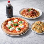 199. Large Cheese Pizza, Large Spaghetti Meatball, Large Garlic Knots & 2 Liter Soda Family Pack Special