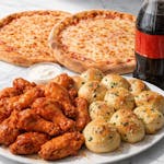 204. Two Large Cheese Pizza, 12 Wings, Large Garlic Knots & 2 Liter Soda Family Pack Special