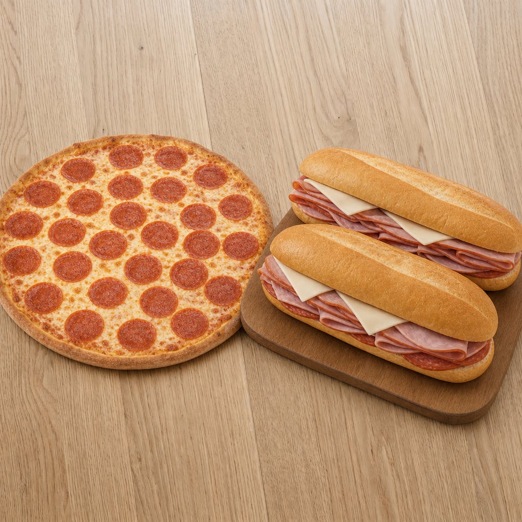 Medium Pizza One Topping & 2 Italian Subs