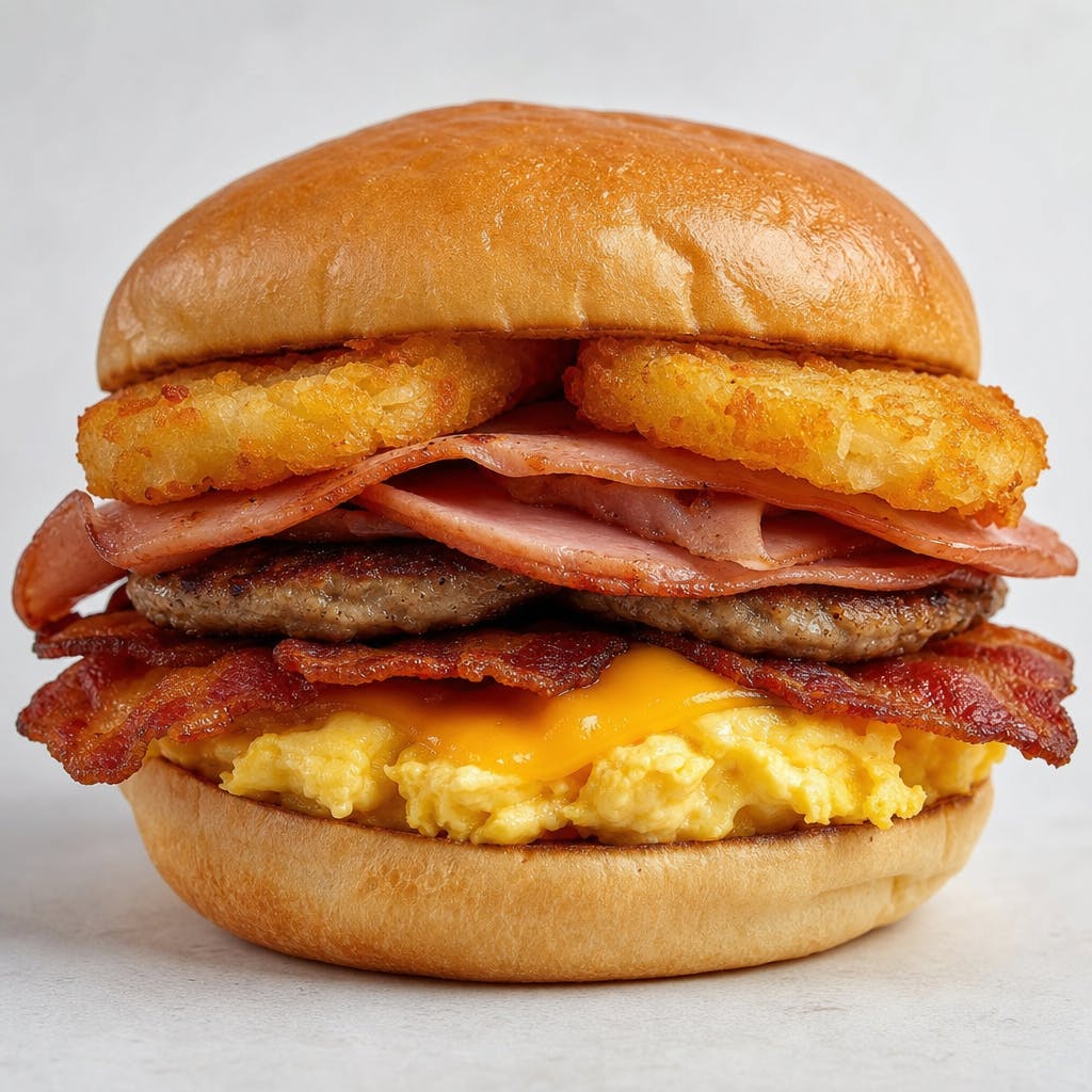 Hungry Man, Egg, Bacon, Sausage, Ham, Cheese & Hash Brown Sandwich