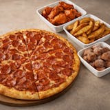 X-Large 1 Topping Pizza, 8 Wings, Potato Wedges, Cinnamon Bites