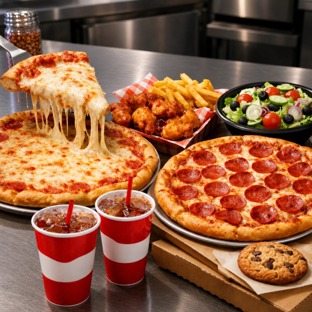 Large Cheese, Large Pepperoni, Large Chicken Wings, Large French Fries & 2 Liter Soda Special