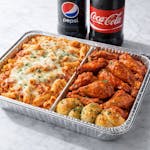 B). 1/2 Tray Baked Ziti, 1/2 Tray Wings, Two 1.5 Liter Sodas & 2 Garlic Knots Special
