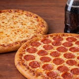 One Large Cheese and One Large Pepperoni with a 2ltr Soda