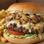 Smothered Papa's Burger w/ff (Grilled onions, mushrooms, 3 cheeses, mayo, lettuce, and tomato.)