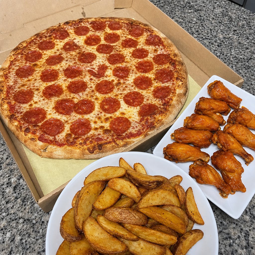 One Large Pizza with One Topping, 12 Wings, Potato Wedges Special
