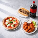 Small Plain Pizza, Cheesesteak, 10 Buffalo Wings, One 2 Liter Soda Special 