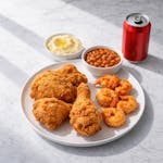 5# 3 pieces fried chicken, 4 pieces shrimp with 2 sides and 1 can of soda