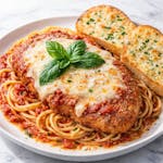 Chicken Parmesan with noodles and cheese bread