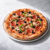 Cheese, Sausage, Mushroom, Green Pepper, Pep & Black Olives Pizza