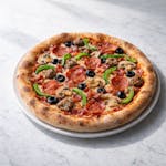 Cheese, Sausage, Mushroom, Green Pepper, Pep, Black Olives & Bacon Pizza