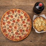 18" Thin Crust Two Toppings Pizza, Cheesy Garlic Bread & 2 Liter Soda