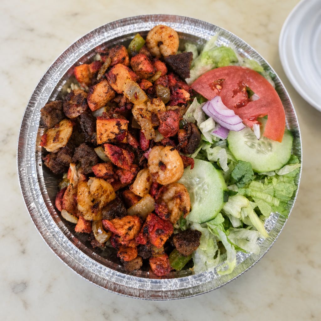 Chicken, Lamb & Grill Shrimp Mix over Rice Platter