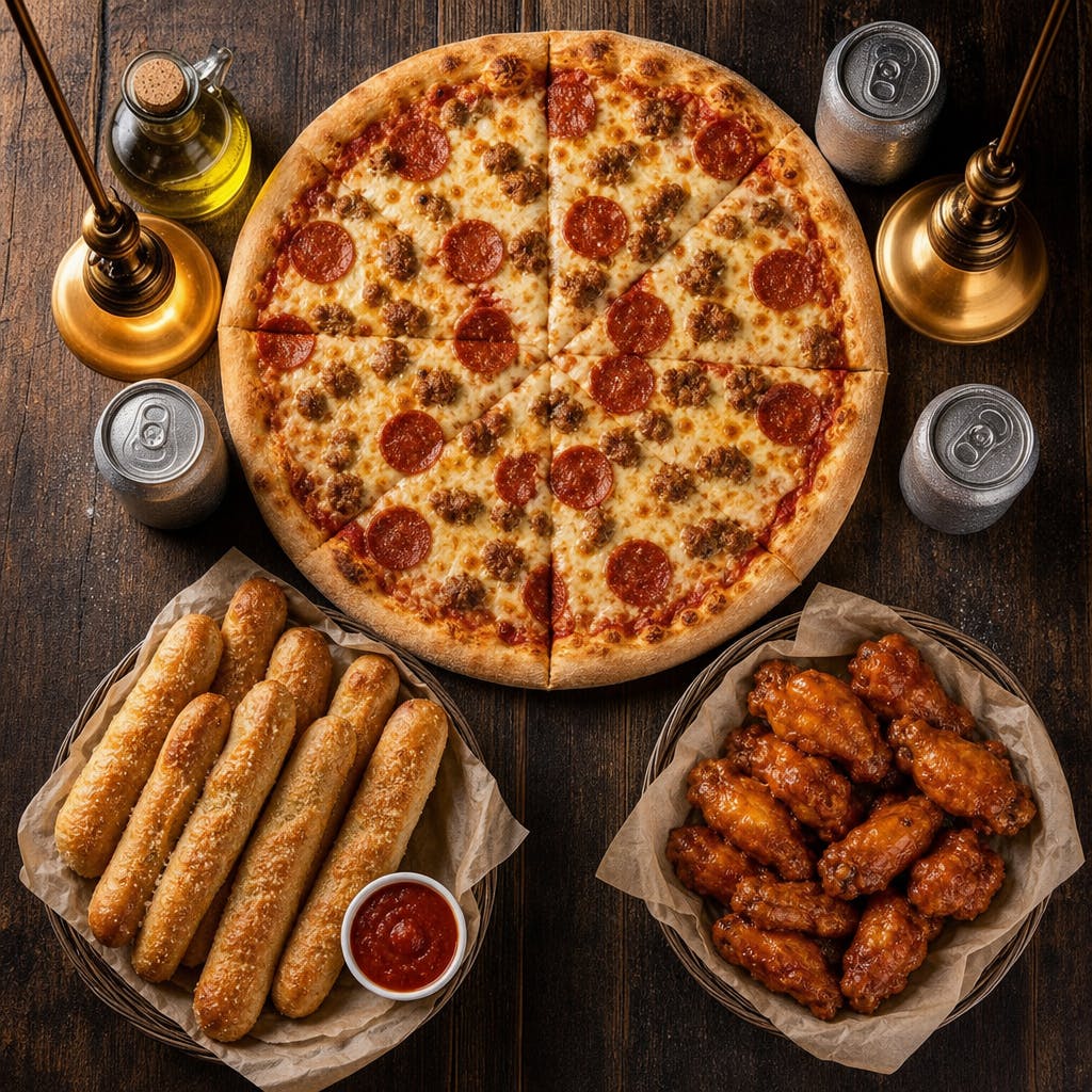 20 " Pizza with Three Toppings, 15 Pieces Wings, Breadsticks & 4 Can Drinks Special