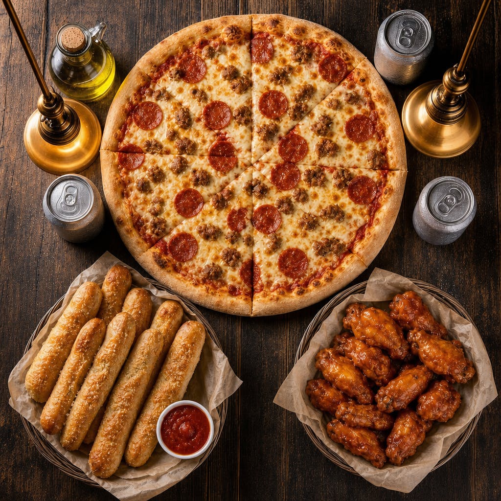 20 " Pizza with Three Toppings, 15 Pieces Wings, Breadsticks & 4 Can Drinks Special