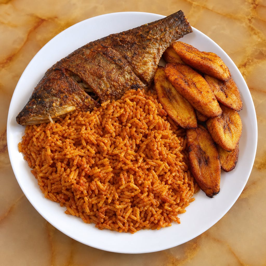 Jollof Rice, Plantain & Fish Only