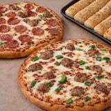 2 large 1 topping pizzas and breadsticks