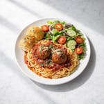 Spaghetti with Two Meatballs, Garlic Rolls & Side Salad Lunch