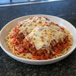 Chicken Parmigiana over Spaghetti